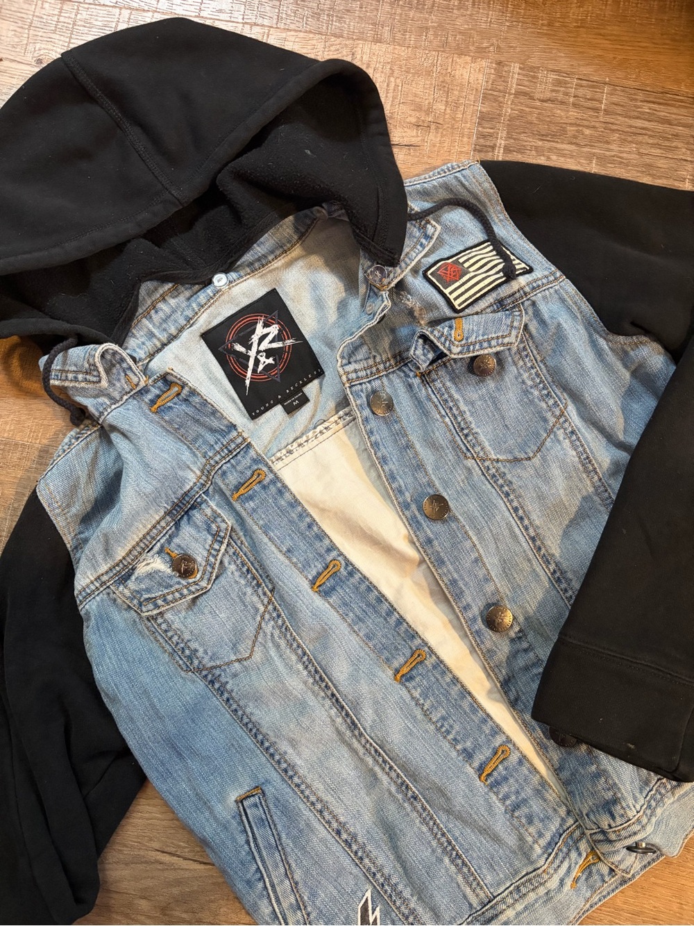 Light wash Denim Jacket with Black Hood and Sleeve Combo